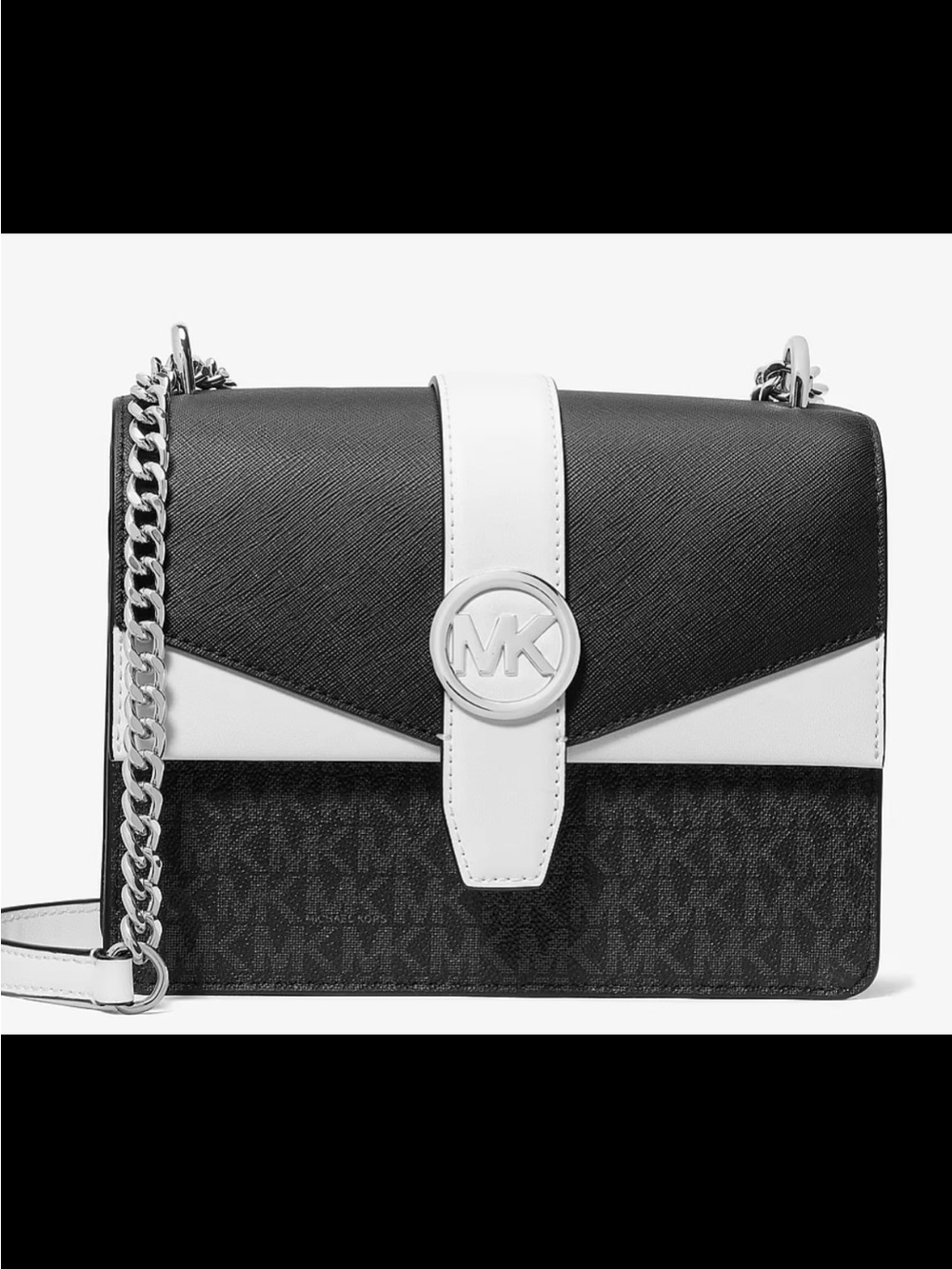 Michael Kors Black & White MK Metallic-Logo Shoulder Bag